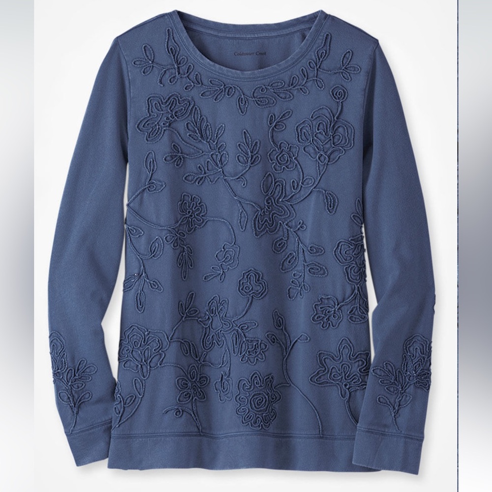 Coldwater Creek Blue Embroidered Sweatshirt. NWOT.